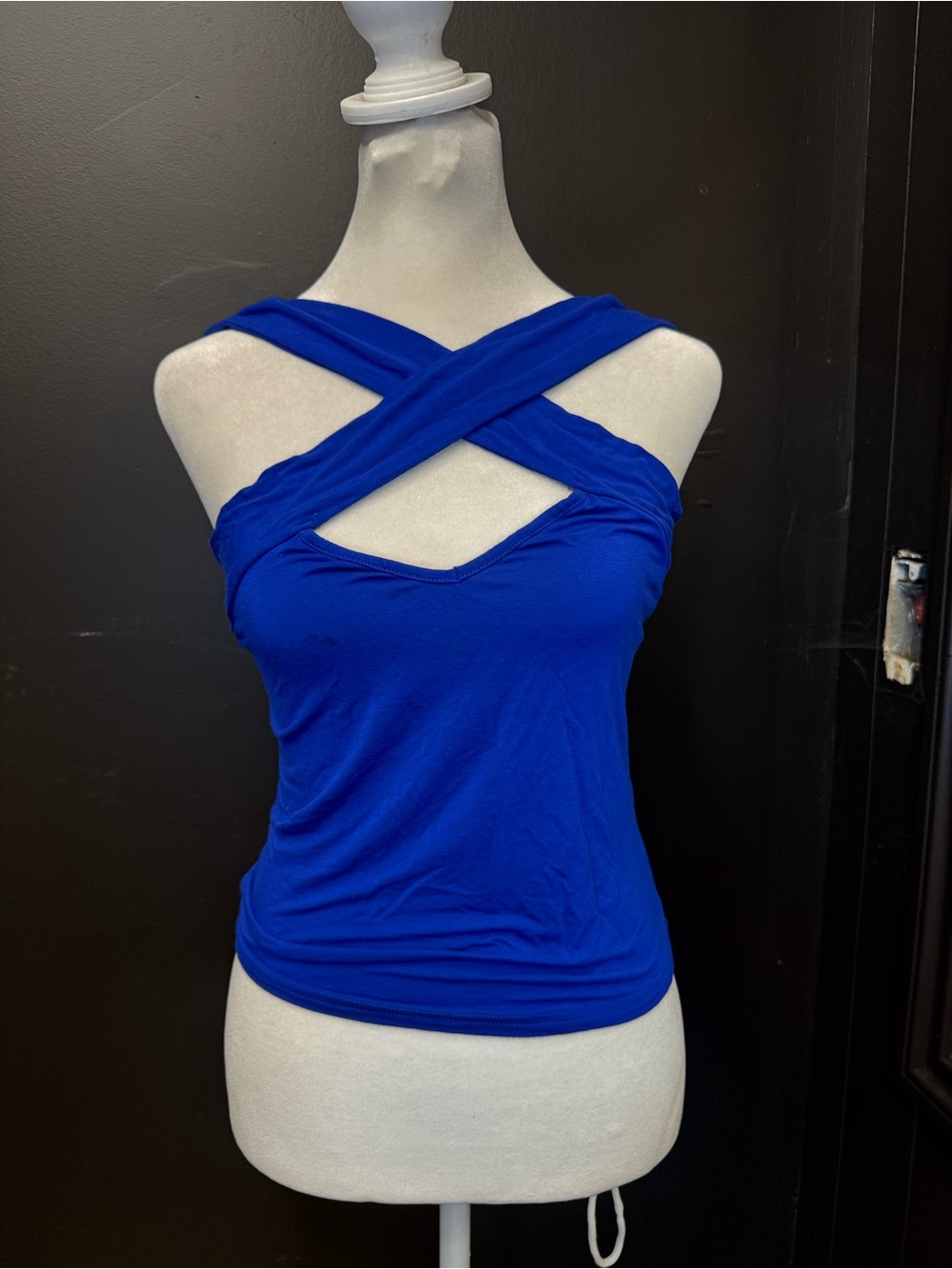Women's Blue Criss-Cross Halter Tank Top